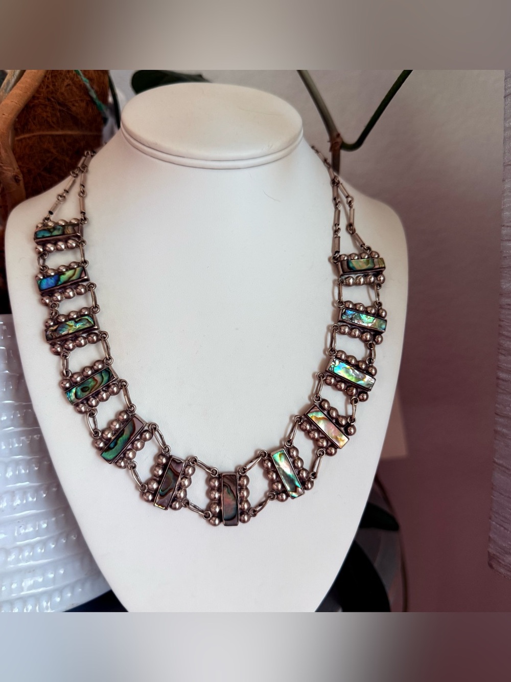 Mexico Del Rio Abalone Inlay 925 Sterling Silver Statement Necklace